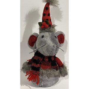 Primitive Christmas Mouse Shelf Sitter In Plaid Hat Scarf Hanna's Handiworks 12”